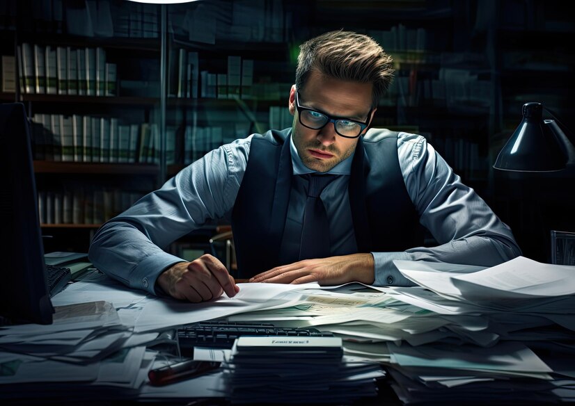 hyperrealistic-photograph-banker-working-late-into-night-surrounded-by-stacks_891336-41601